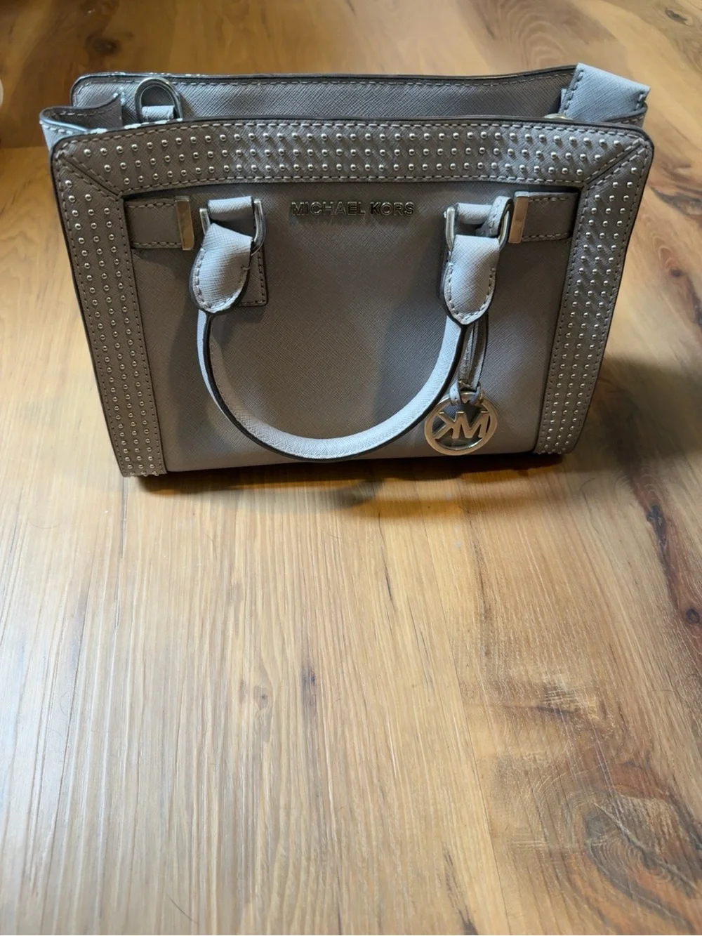 Michael Kors Light Gray Saffiano Satchel with Stud Accents